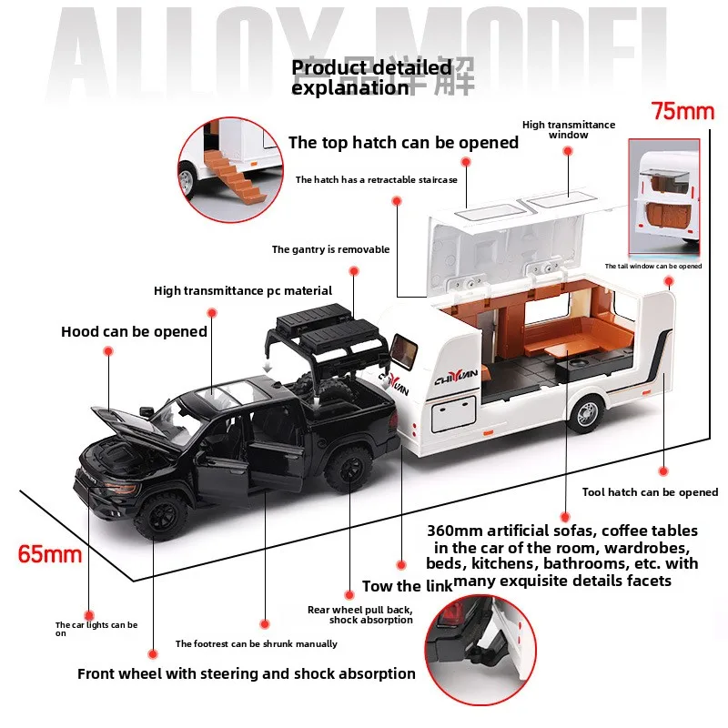 Symulacja 1:32 Mamutowy Przyczepa Kamper Metalowy Model Pojazdu Terenowego Dekoracja Domu Zabawka Pojazd z Dźwiękiem i Światłem Prezent dla Dzieci Chłopca