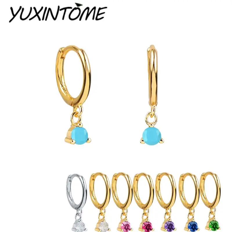 

YUXINTOME 925 Sterling Silver Needle Ear Buckle Geometric Zircon Hoop Earring For Women Pendant Piercing Earrings Summer Jewelry