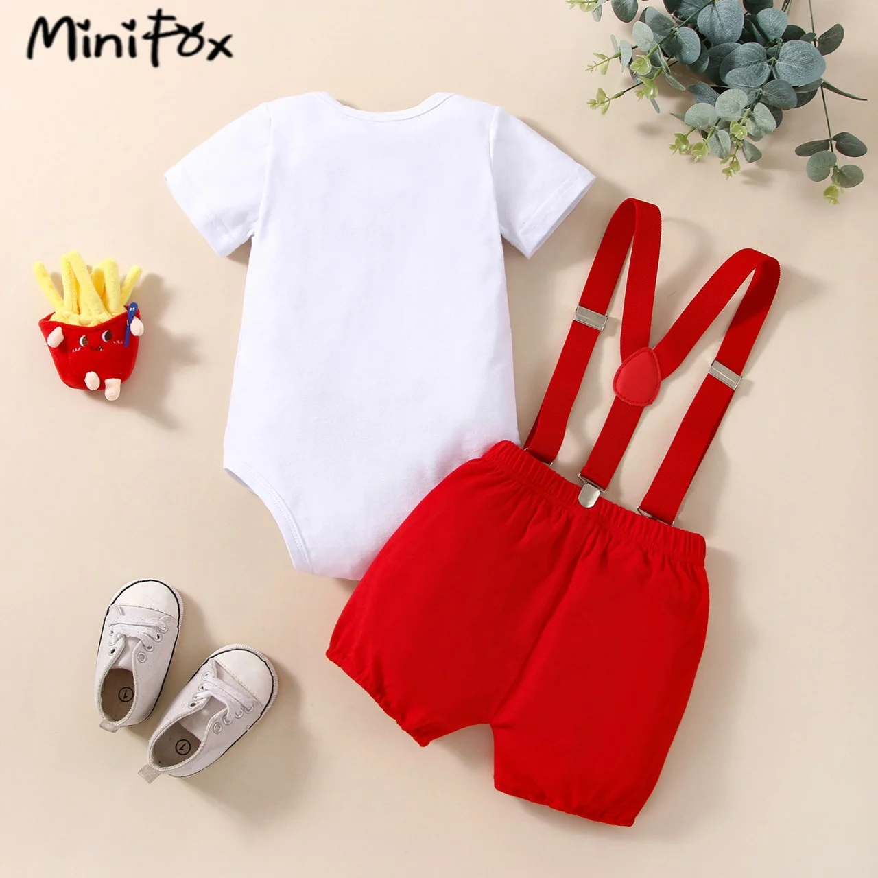 MiniFox Baby Boys Half Birthday Sets Red Bowtie Letter Bodysuit and Y-back Strap Red Shorts Cake Smash Outfits For 6 Months Baby