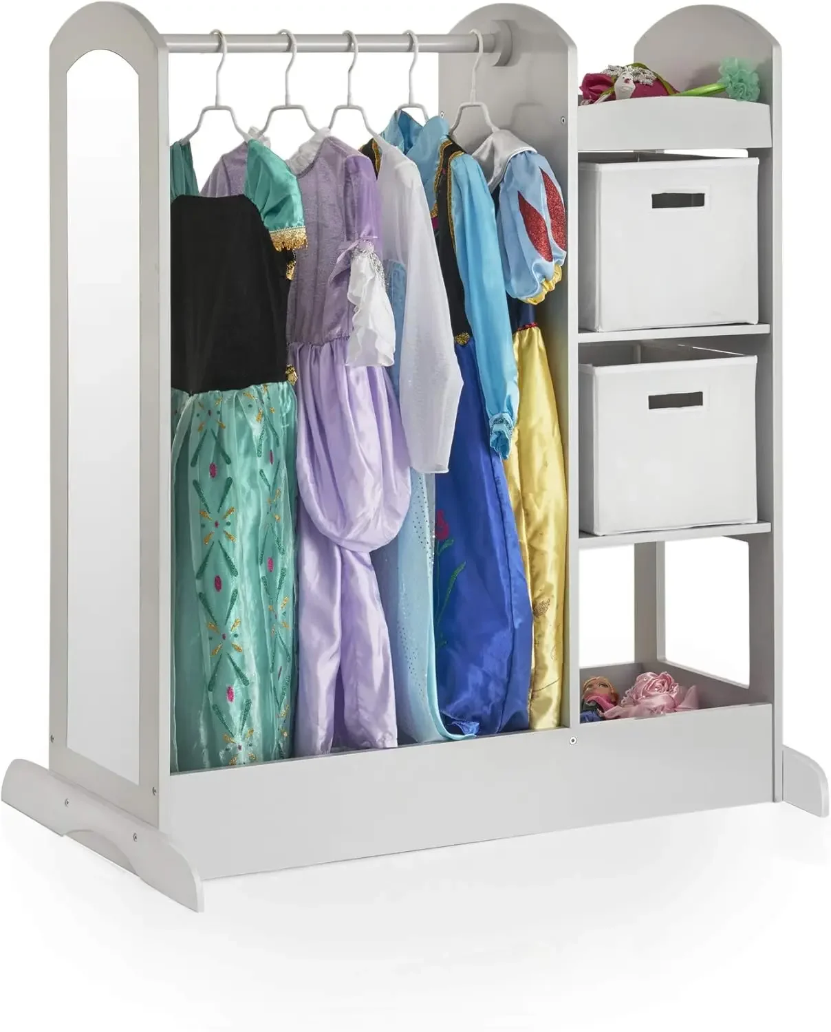 See and Store Dress-up Center – Gray: Kids Dramatic Play Storage Armoire with Mirror, Rack, Shelves & Bottom Tray - Toddlers Cos