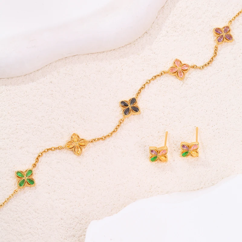 18k PVD Gold Plated Stainless Steel Four-leaf Clover Necklace Earrings Suit for Women New Trend Fashion Waterproof Jewelry Set