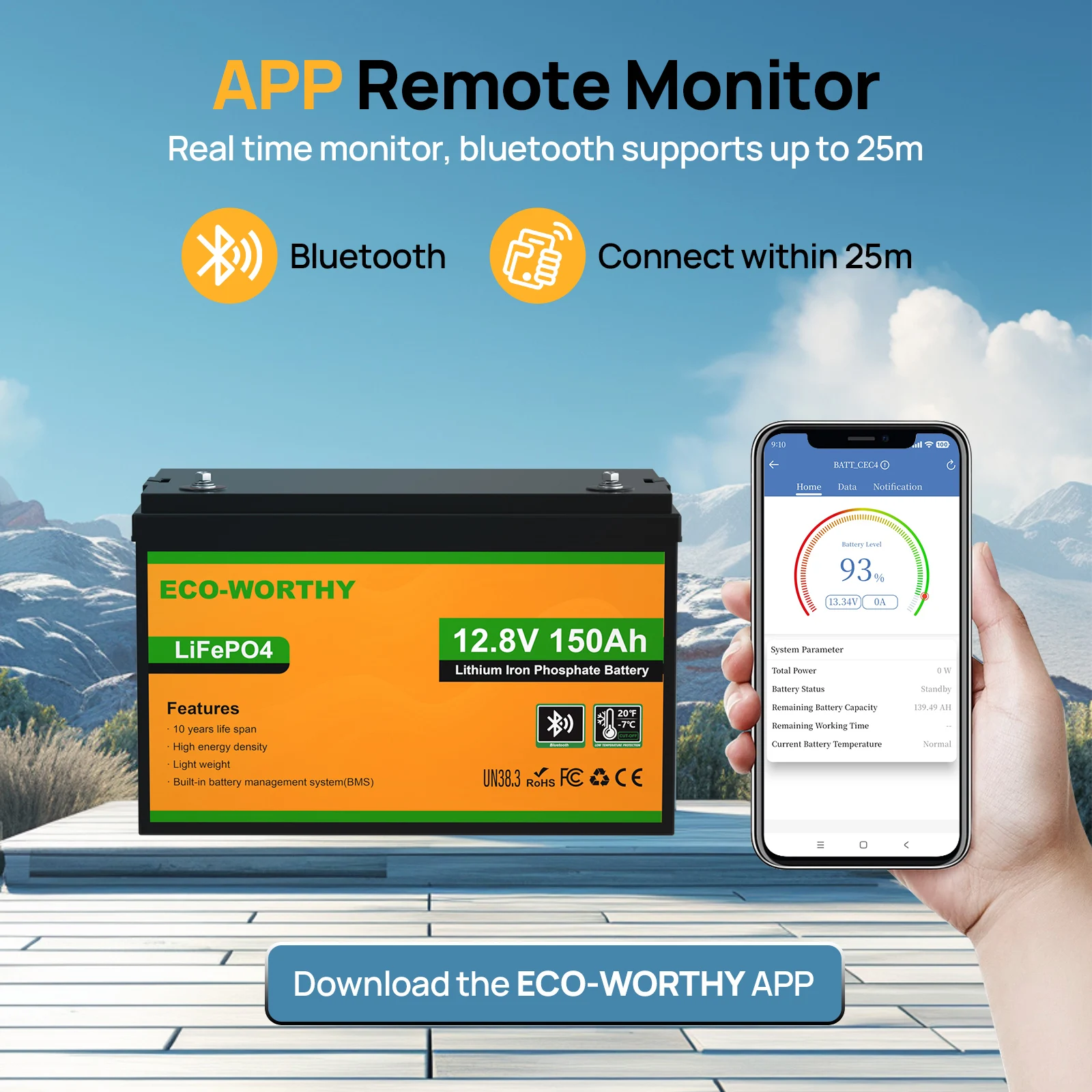 بطارية ليثيوم ECO-WORTHY 12V 150AH Bluetooth LiFePO4 مع حماية من درجة الحرارة المنخفضة، مدمجة 120A BMS، مثالية للتصيد