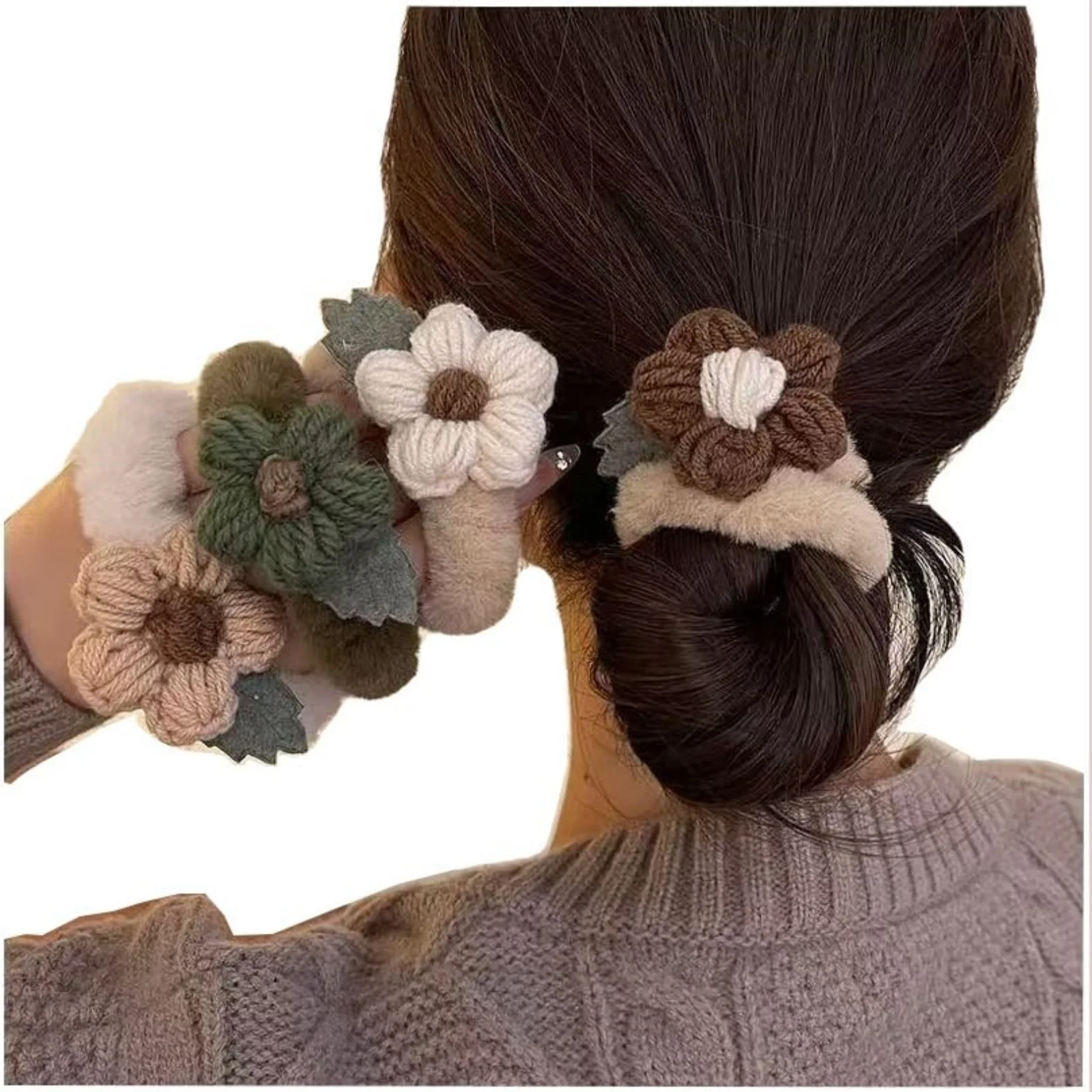 4 Stück gestrickte Blumen-Haargummis, flauschige Haargummis, elastische Haarbänder, niedliche Haar-Accessoires für Frauen im Herbst und Winter