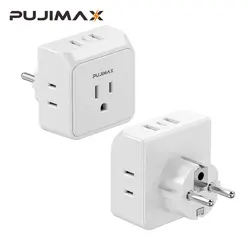 PUJIMAX US To EU Plug Adapter Euro Travel Plug Converter With 3 AC Outlets 3 USB Ports Wall Sockets for US to Most Europe DE