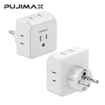 PUJIMAX US-EU 플러그 어댑터 유로 여행 플러그 컨버터, 3 AC 콘센트, 3 USB 포트 벽 소켓, 미국-대부분의 유럽 DE