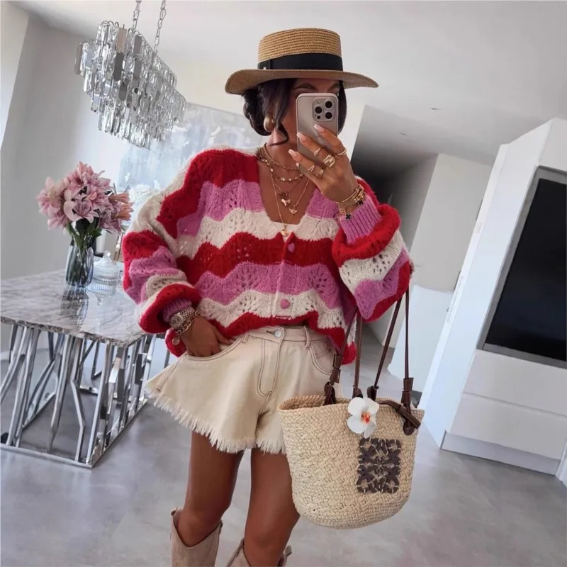 

Sweet Fashion Thin Sweater Cardigan 2025 Winter Knitted Striped Hollow-out Lantern Sleeve V-Neck Retro Top for Women Clothing