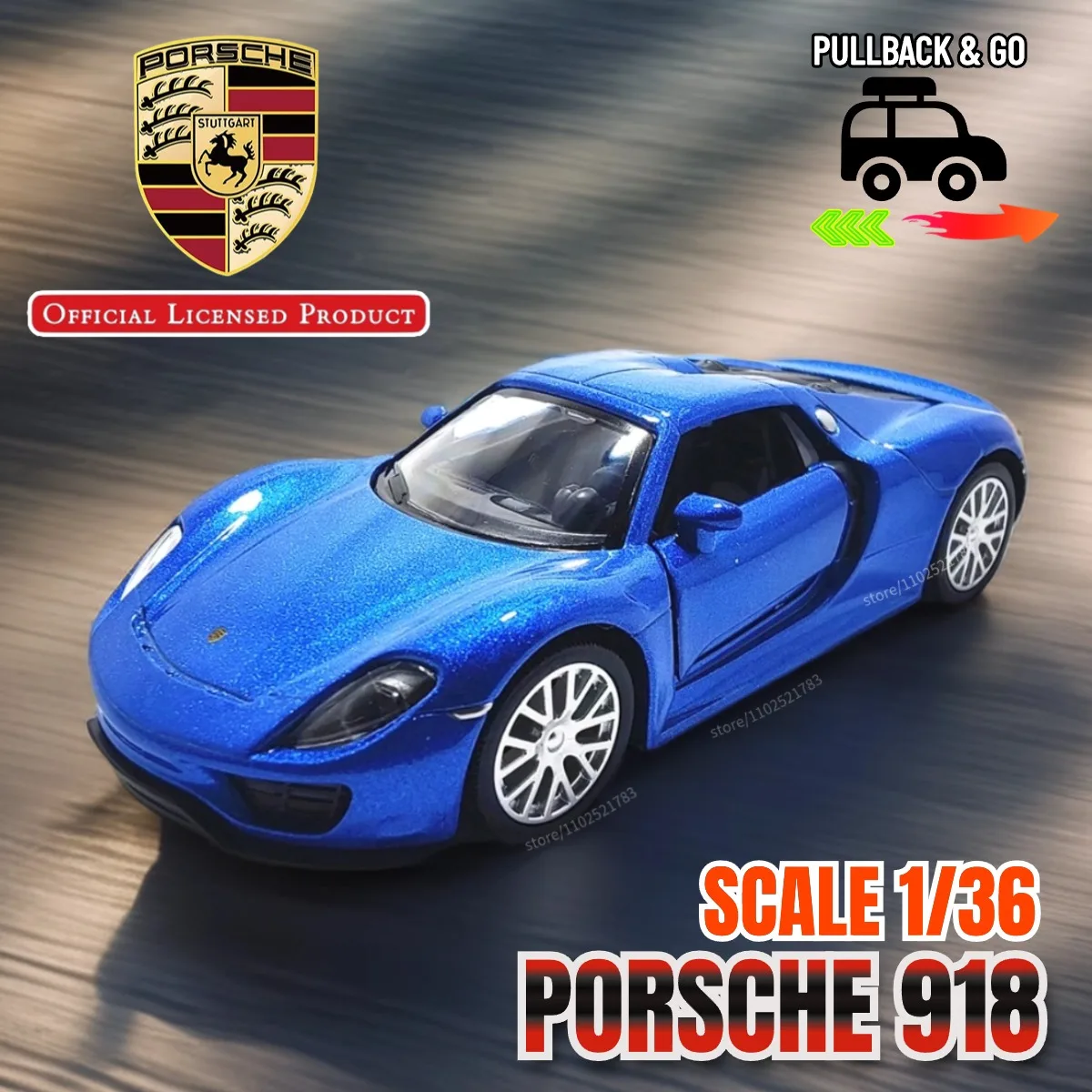 1/36 Porsche 911 918 Pullback Car Model Replica Official Licensed Scale Diecast Miniature Art Xmas Gift Kid Boy Toy