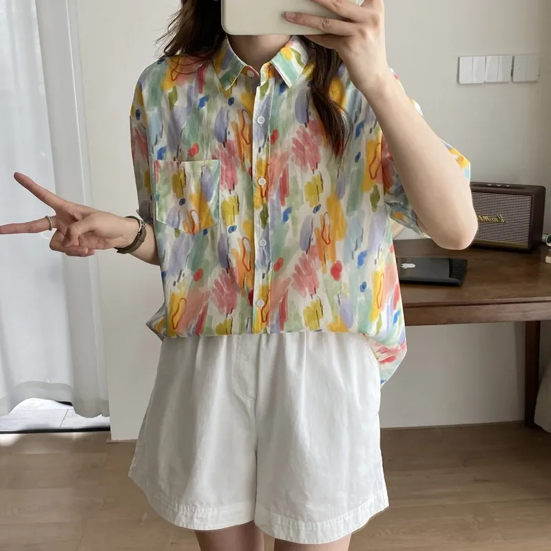 Hong Kong Style Floral Short Sleeve Shirt for Women, New Designer Fashion, Loose Half Sleeved Tops, Female Blouse for Girls S062