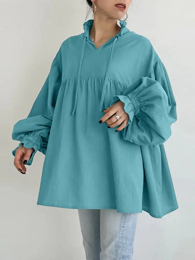 Fashion Ruffled Tops ZANZEA Elegant Office Blouse Women Long Sleeve 2025 Autumn Lace-Up Casual Loose Blusas Female Solid Shirts