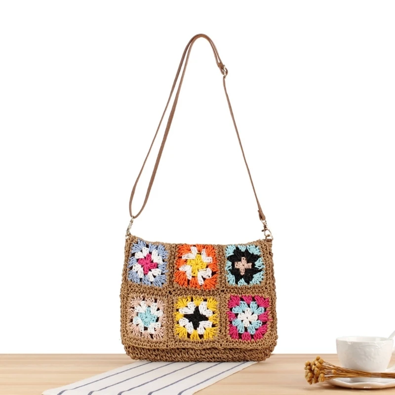 Woven Paper Rope Shoulder Bag Ethnic Vintage Colorful Flower Crocheted Crossbody Bag with Zippered for Beach Vacation