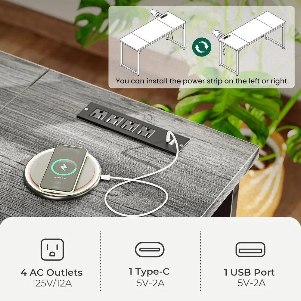 โต๊ะทำงานขนาดใหญ่ 63 x 24 นิ้ว พร้อมพอร์ตไฟและ USB-C ในตัว ความลึกและความหนาที่เพิ่มขึ้น โครงโลหะแข็งแรง ทนทาน