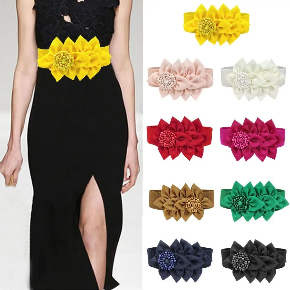 花の装飾が施された幅の広い伸縮性のあるウエストバンド,カジュアルなウエストバンド,モノクロベルト,衣類の装飾