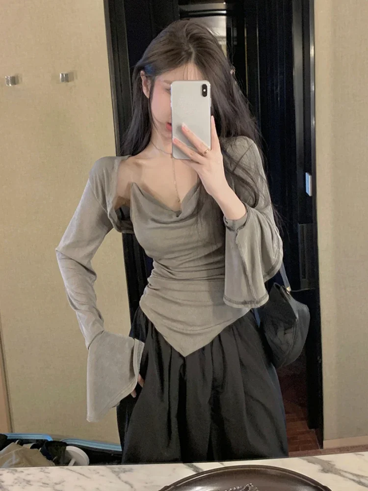 Cropped Cardigans Fashion Solid 2 Piece Set Women Flare Sleeve Sweet Tops Sleeveless Irregular Vest Suit Pull Femme Y2k Clothes