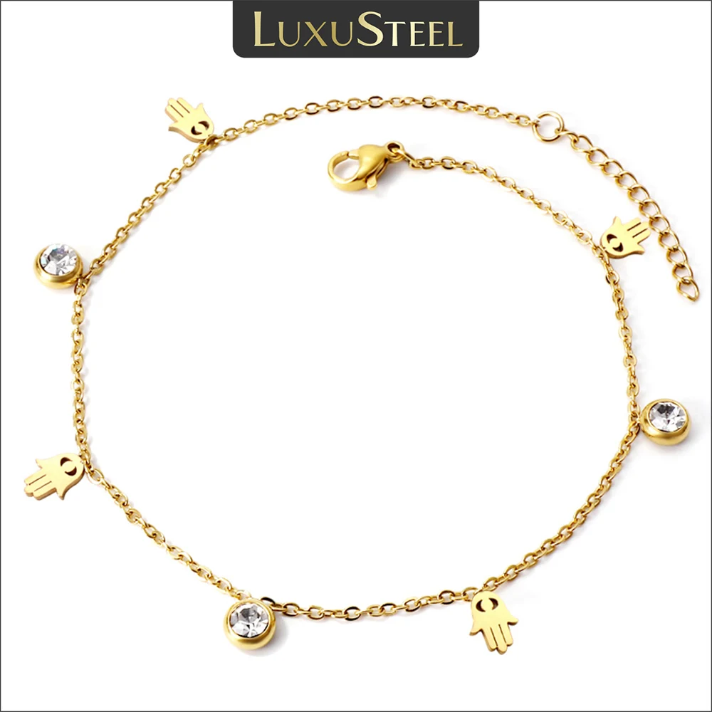 LUXUSTEEL Kristall Hamsa Hand Charm Fußkettchen für Frauen Mädchen Gold Farbe Edelstahl Kette Knöchel Sommer Urlaub Schmuck 23 + 5 cm