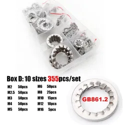 315/355pcs/set M2 M2.5 to M16 304 Stainless Steel External Internal Toothed Serrated Lock Washer Gasket Assortment Set Kit Box