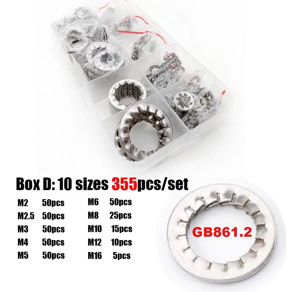 315/355pcs/set M2 M2.5 to M16 304 Stainless Steel External Internal Toothed Serrated Lock Washer Gasket Assortment Set Kit Box