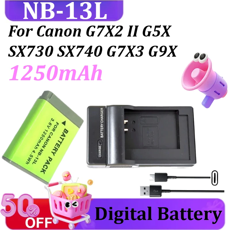 

NB-13L Battery and Charger for Canon G7X2 II G5X SX730 SX740 G7X3 G9X SX720 Digital Batteries High-Capacity Replacement 1250mAh