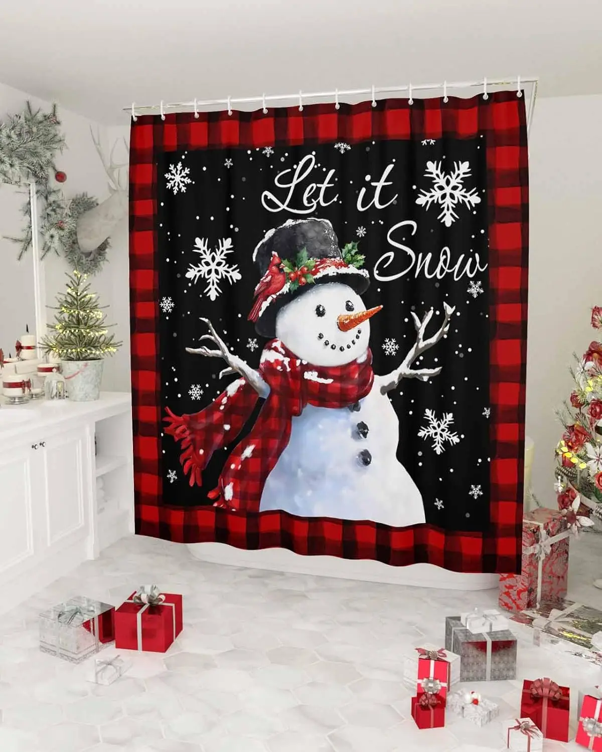 Christmas Shower Curtain Set with,Winter Snowman Snowflake Berry Red Black Grid Washable Cloth Polyester Fabric Shower+Curtain