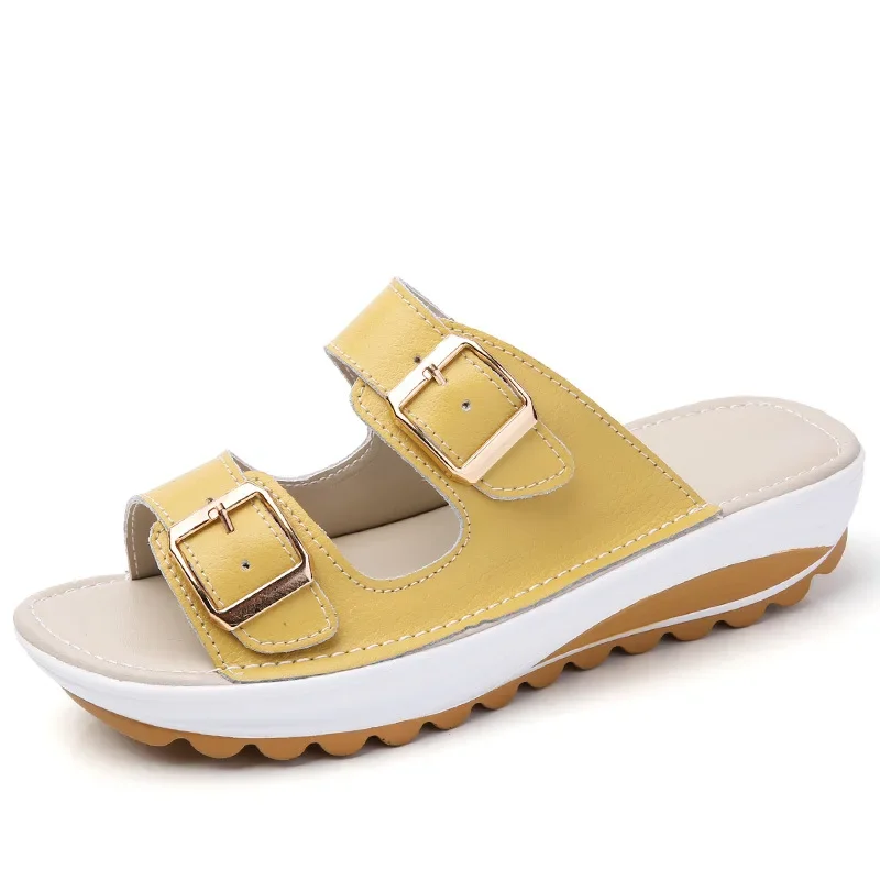 Comemore Buckle Leather Slides Shoes Solid Thick Sole Heels Beach Sandals Women Outside Flip Flops Summer 2023 Woman Slippers 42