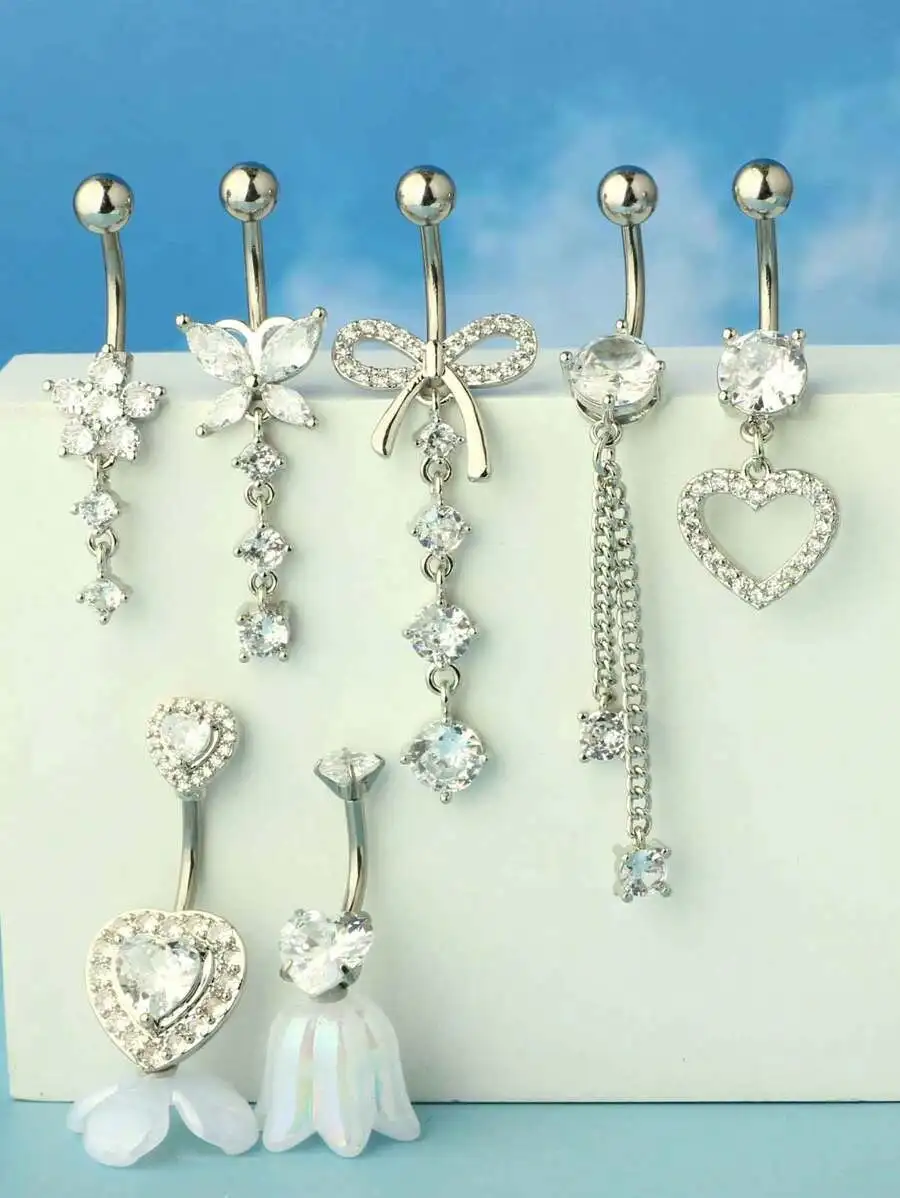 7 piezas de anillos para ombligo con cristales plateados de 14G, con dijes de mariposa, corazón, flor y lazo, para joyería de piercing en el vientre para mujer