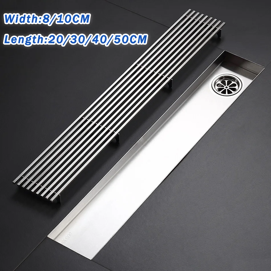 304 Stainless Steel Floor Drain Rectangle Displacement Deodorant Bathroom Shower Long Linear Drainage Side Floor Drains Brushed