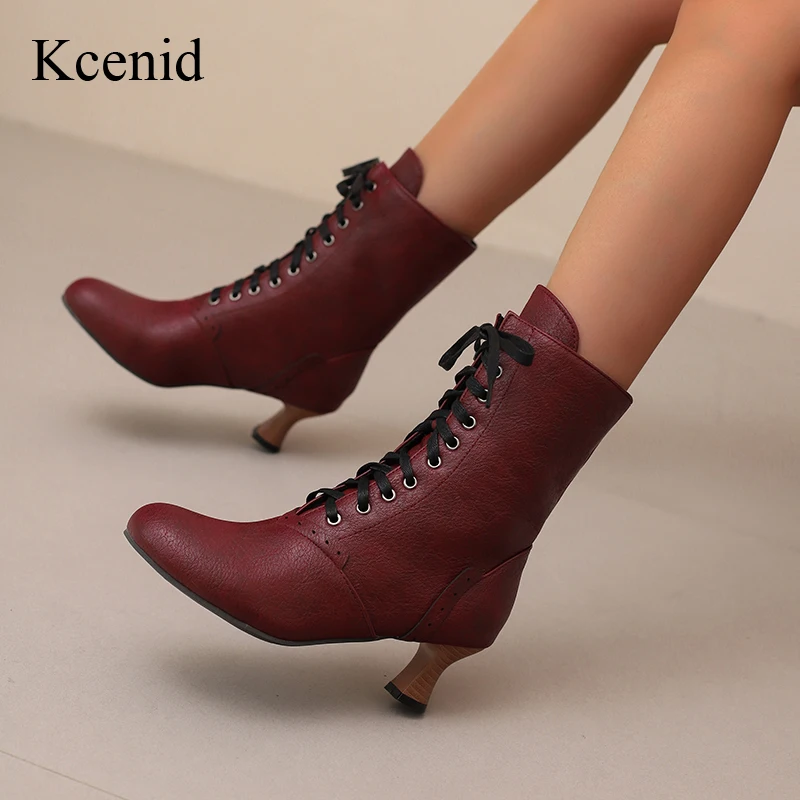 

Kcenid/женские сапоги на высоком каблуке со шнуровкой и круглым носком, модные лаконичные, современный дизайн, короткие, сексуальные, на каждый день, большие размеры 34-50
