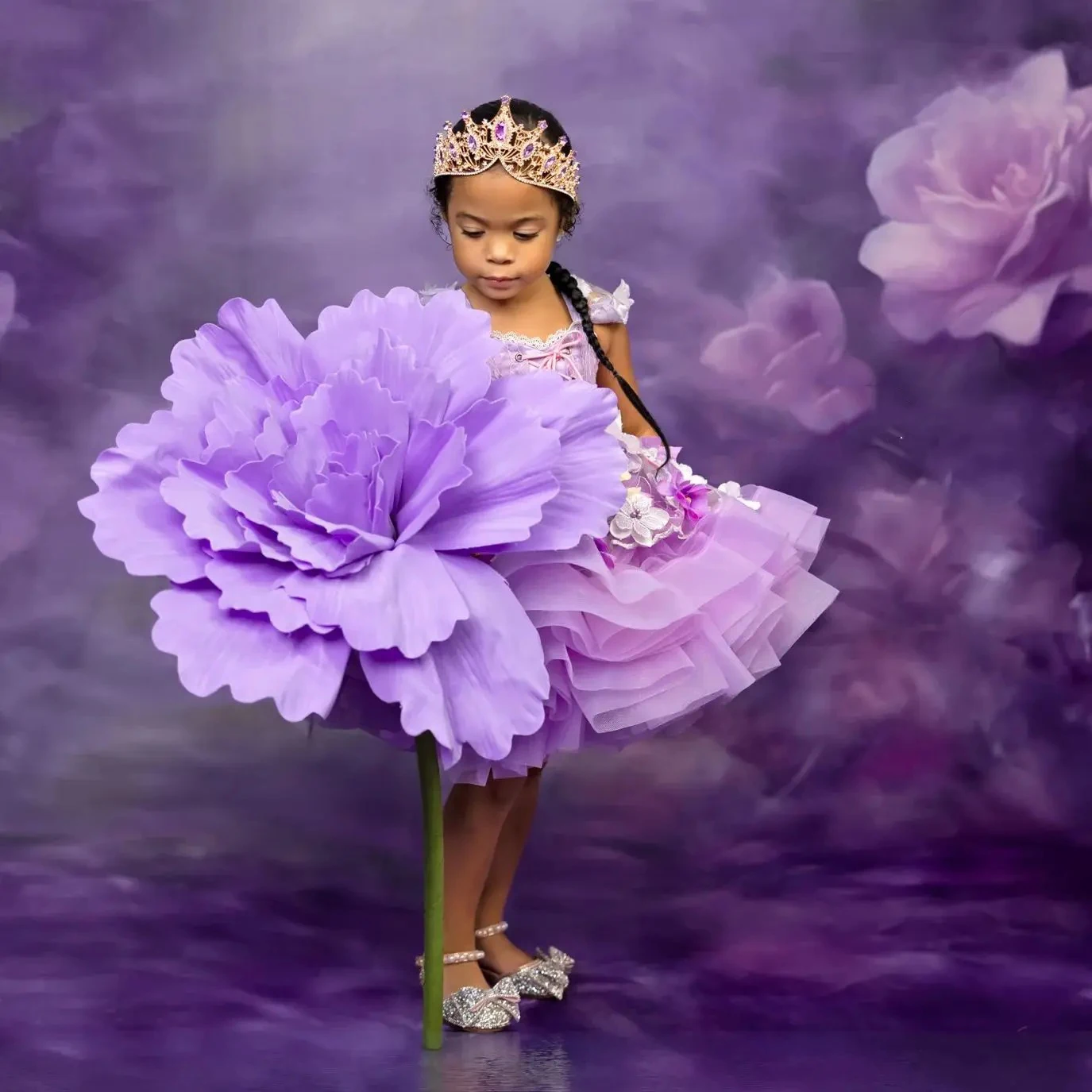 Lavender Flower Girl Dresses for Wedding 3D Floral Applique Knee Length First Communion Kids Birthday Party Gown Customized