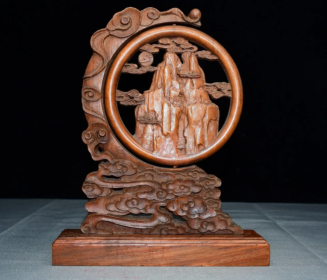 Old Boxwood mountains and waters Scenic pattern auspicious clouds Half moon shape screen Wenfang Amass wealth Ornaments