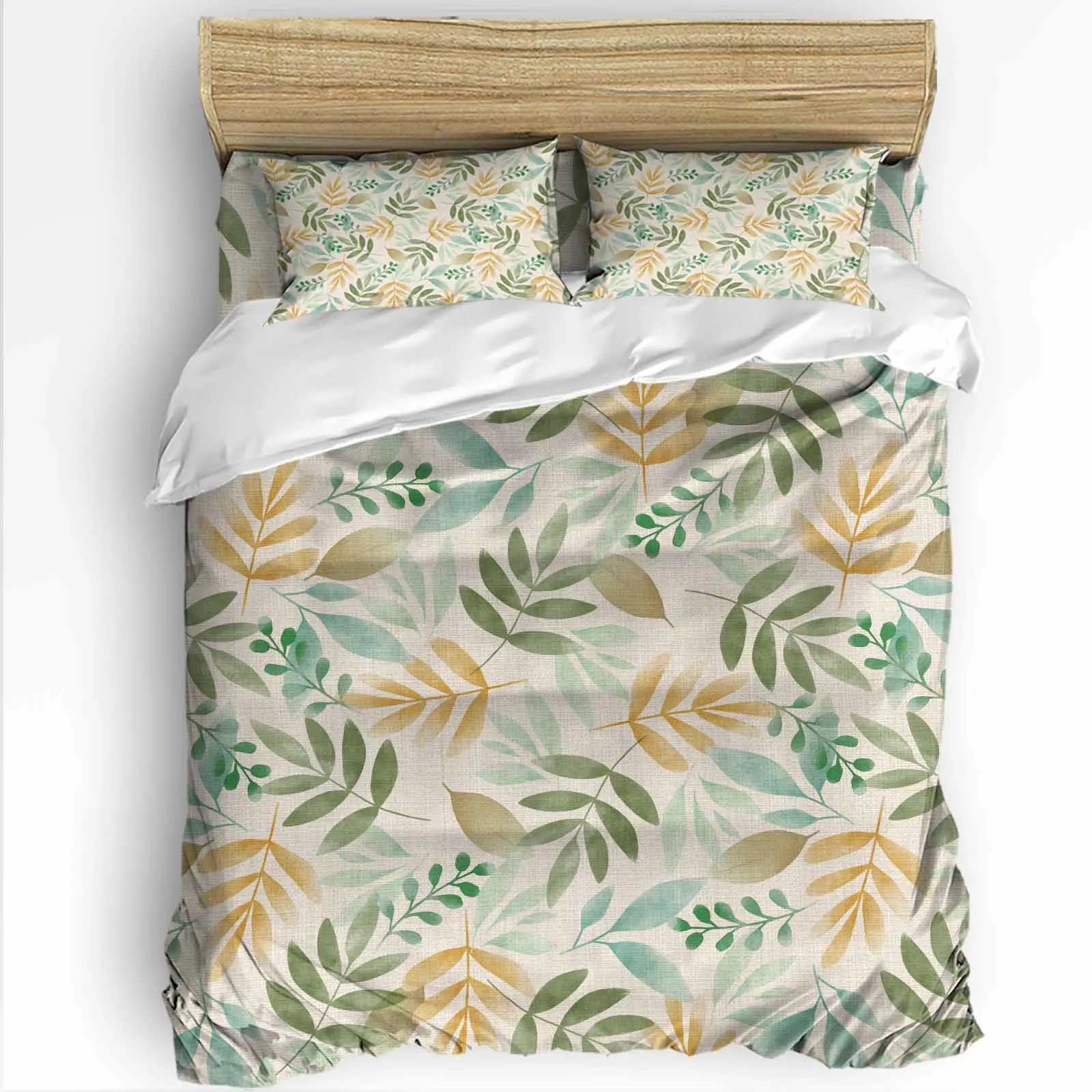 Plant Tea Green Leaves The-4piece Textile Set on the Bed Includes Two Pillowcases One Duvet cases One Bedsheet Customization