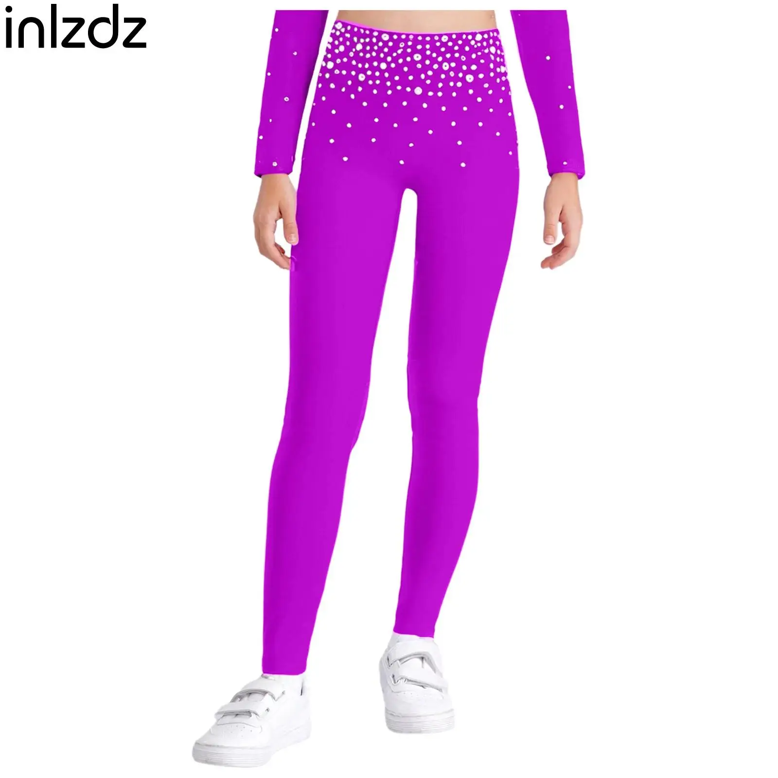 

Children Girls Ballet Dance Figure Skating Performance Costume Kid Fashion Rhinestones Metallic Pants Elastic Waistband Leggings