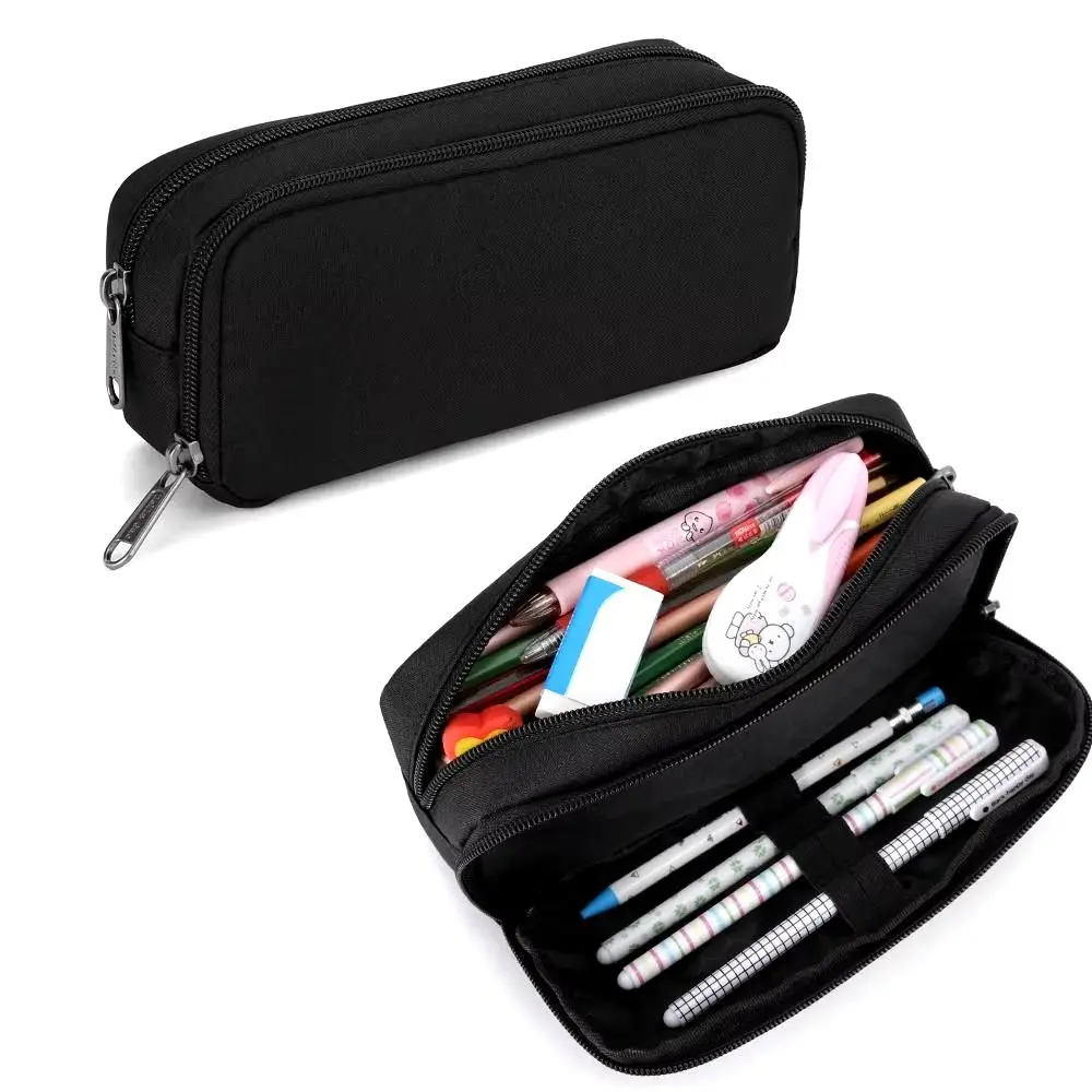 

Double Layered Portable Pen Bag Large Capacity Zipper Students Pencil Case Oxford Cloth Solid Color Stationery Organizer