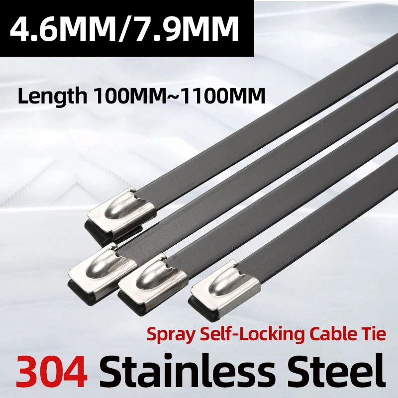 100pcs Stainless Steel 304 Cable Ties 4.6MM 7.9MM Width 100-1100mm BLACK Self-locking Fully Sprayed Metal Ties Customizable