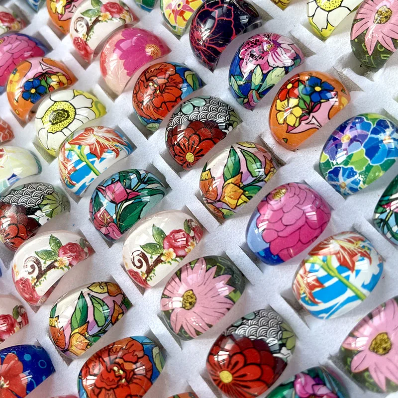 10 / 50 Pieces Children Mixed Colors Floral Print Resin Plastic Children\'s Ring For Boy Girl Kid Jewelry Wholesale Lots No261