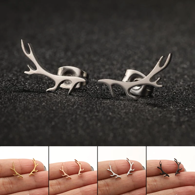 Shuangshuo Vintage Fashion Deer Antler Earrings Stainless Steel Elk Studs Christmas Earrings Xmas Jewelry Gift Ear Accessories