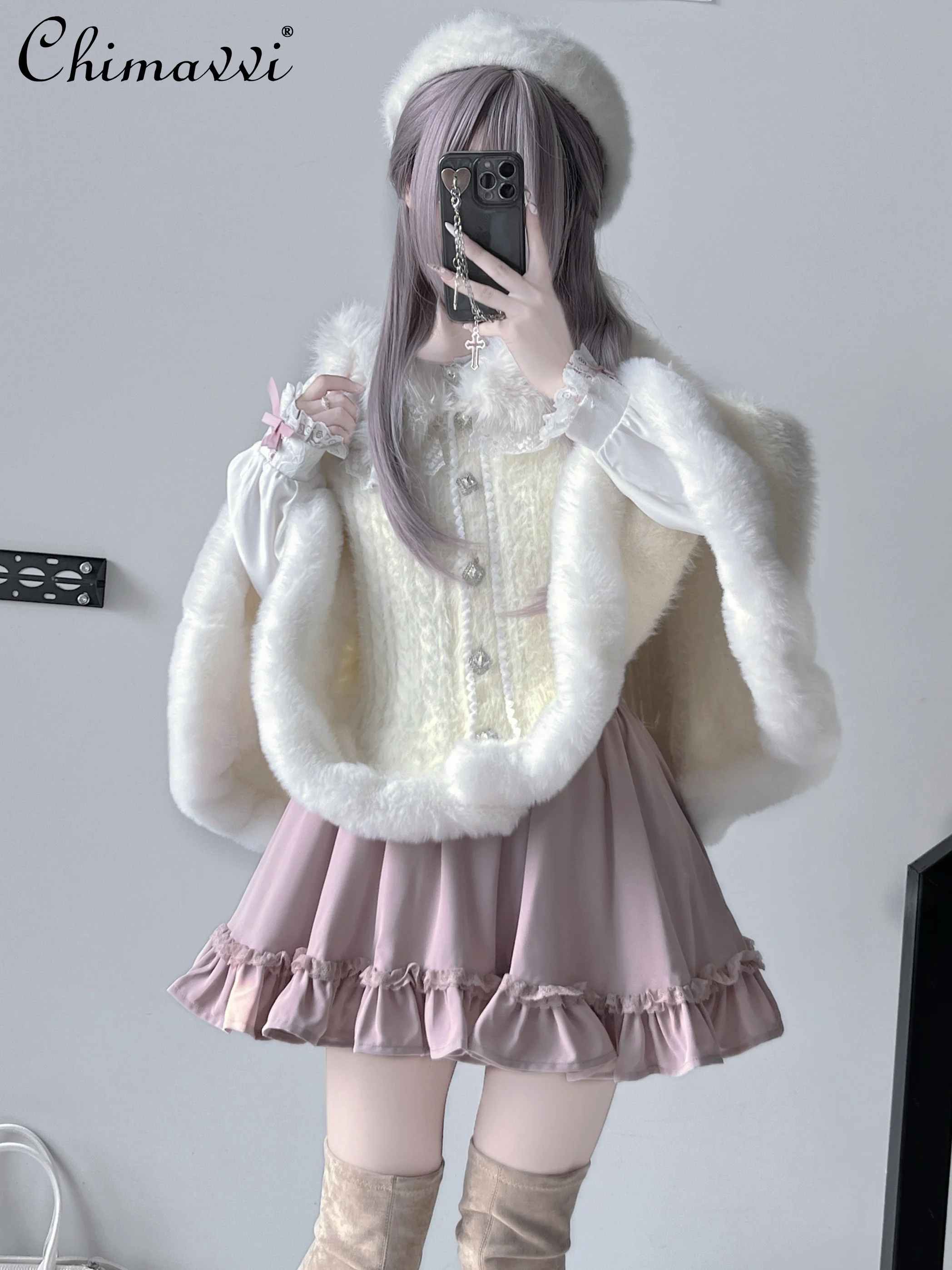 

New 2025 Winter Sweet Girl Sweater Cape Japanese Style Mass-Produced Heavy Button Loose Warm Cute Women's Cloak Coat