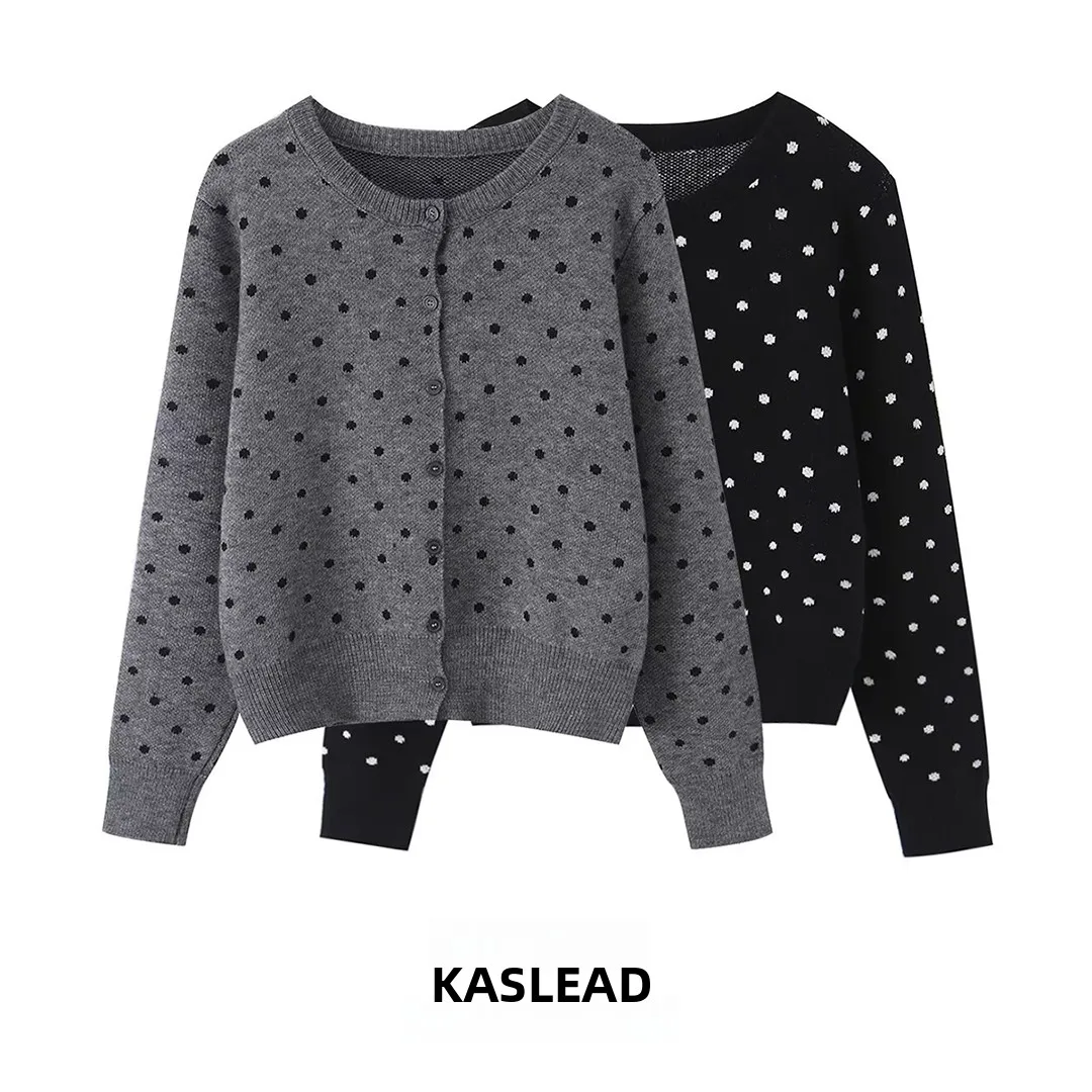 

KASLEAD New Women's Fashion Simple Match Polka Dot Open Cardigan Long Sleeve Knitted Sweater Polyester Fiber round Neck Butto...