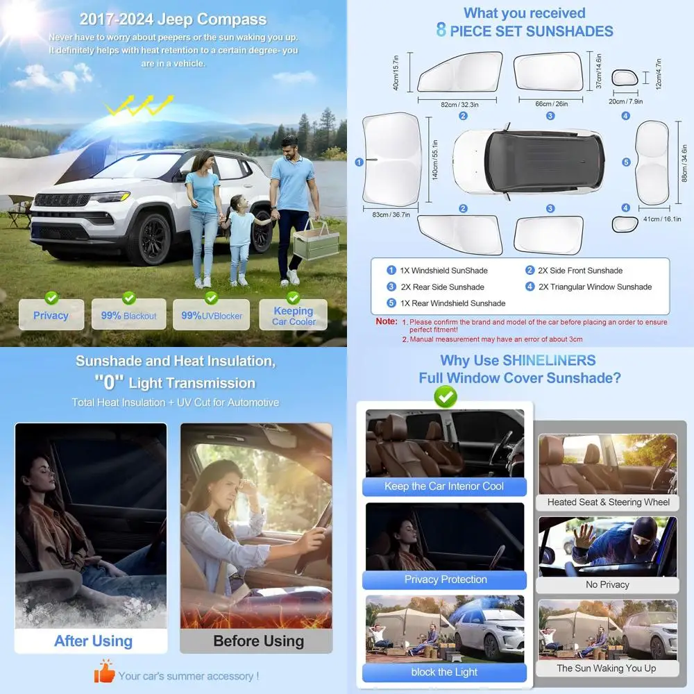 

Car Window Shades for 2017-2024 Compass, Full Coverage Sunshades, UV Protection, Privacy and Blackout for Camping Outdoors