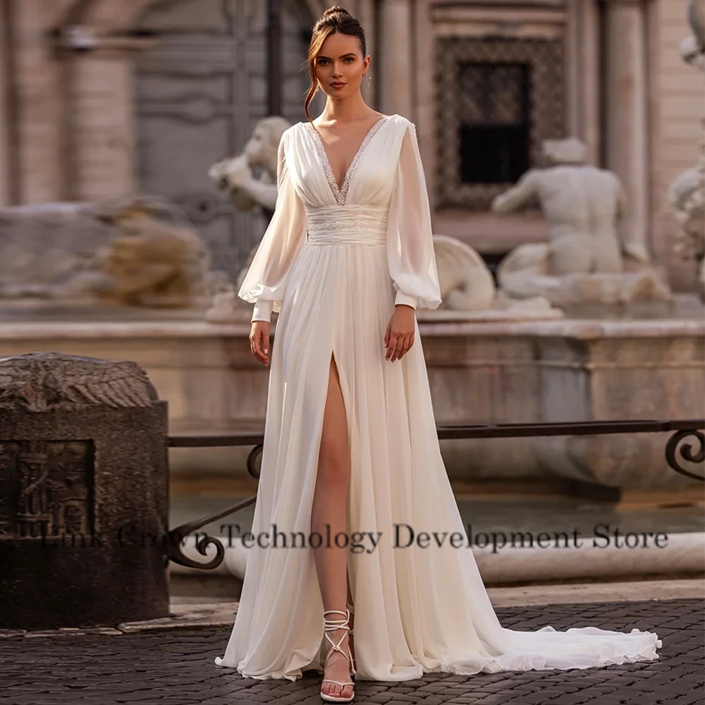 Charming V Neck Wedding Dresses for Ladies Elegant A Line Bridal Gowns Exquisite Full Sleeve Vestidos De Novia 2025 Summer New