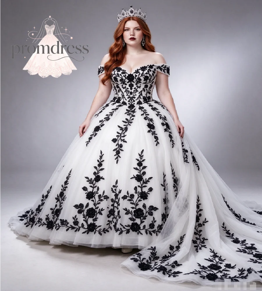 Plus Size Gothic Wedding Dress Off Shoulder White Tulle Black Floral Appliques Chapel Train Dark Romantic Non Tradition Bride