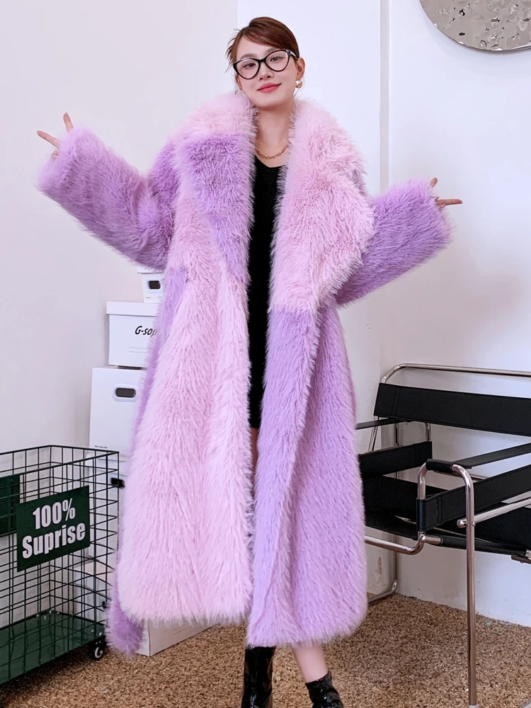 winter Light pink purple contrasting environmentally friendly fur long loose asymmetrical suit with a lapel collar fur coat