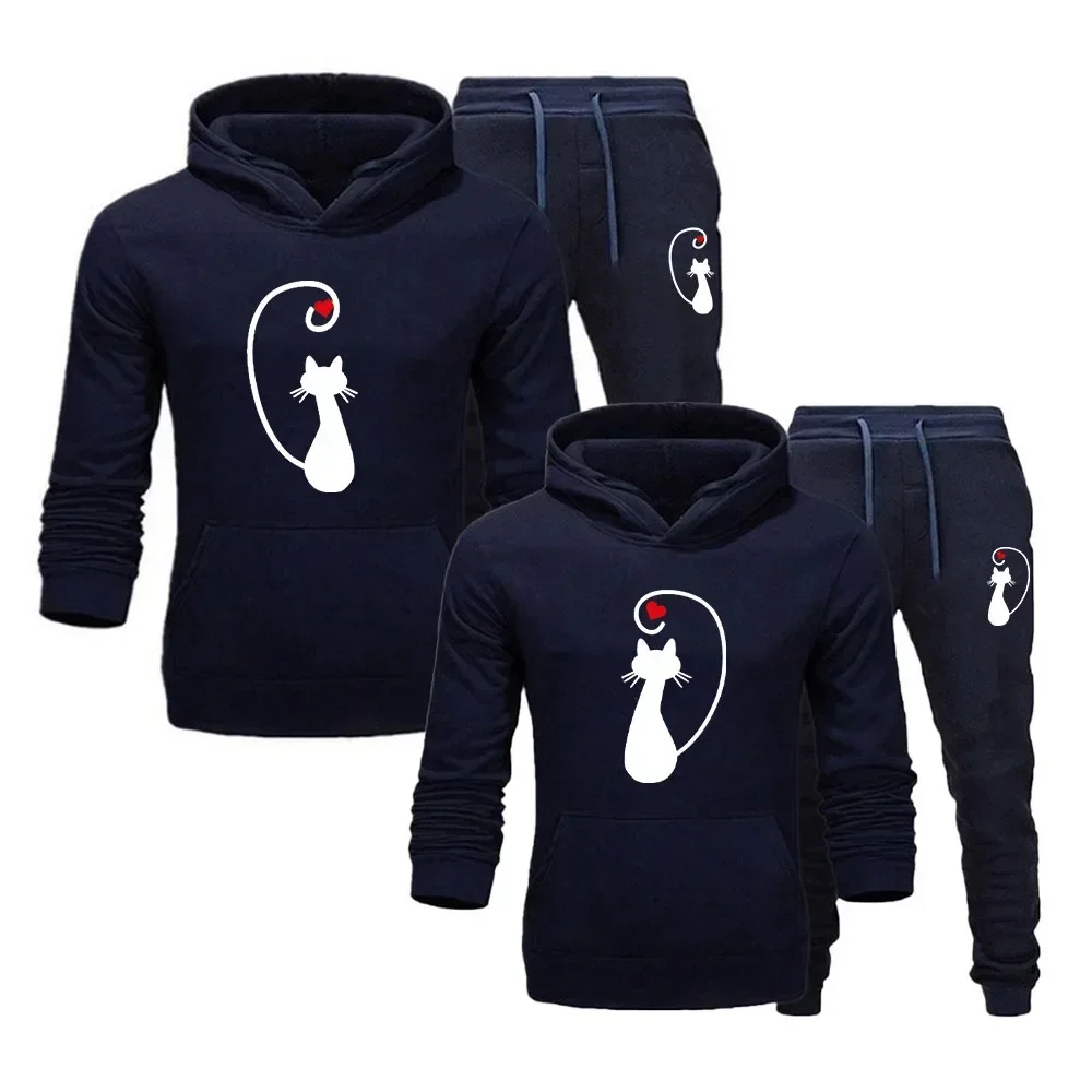 Couples Hoodie Set Cat Printed Lover Winter Hoodies and Sweatpants 2PCS Clothing Casual Sports Men Women Tracksuit