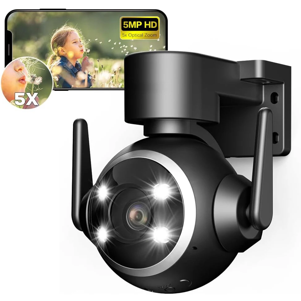 5MP 5X Optical Zoom WiFi Security Camera Outdoor Auto Tracking PTZ IP Camera 2-Way Talk SD Card Surveillance Camera CamHipro APP