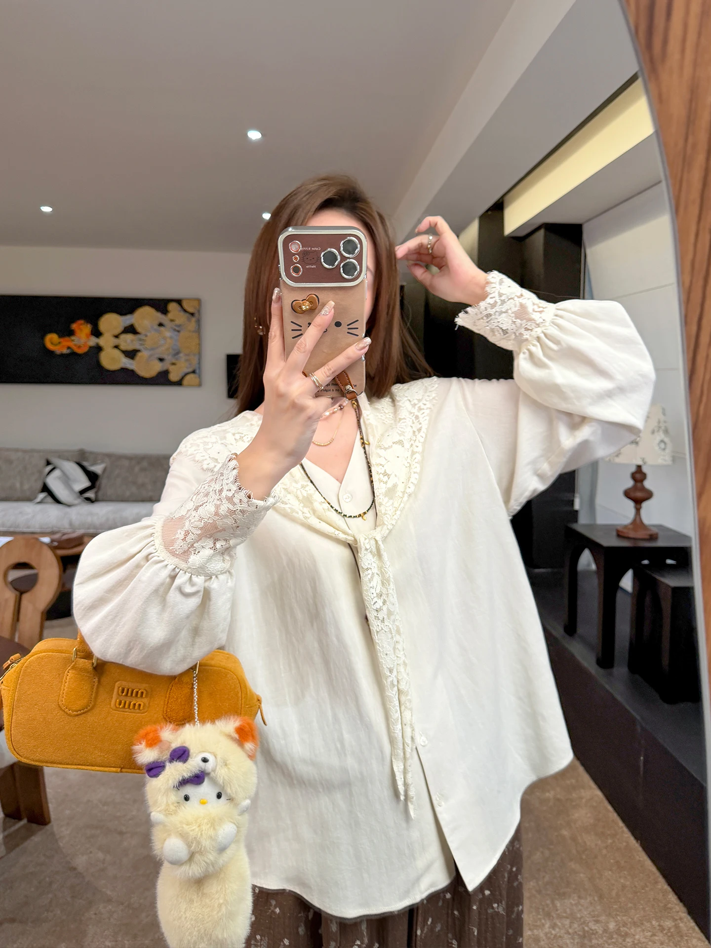 

White Linen Lace Collar irt Comfortable And Peaceful Zhang ei Commute Sle Korean Version Loose Fit Long Sve V Ne