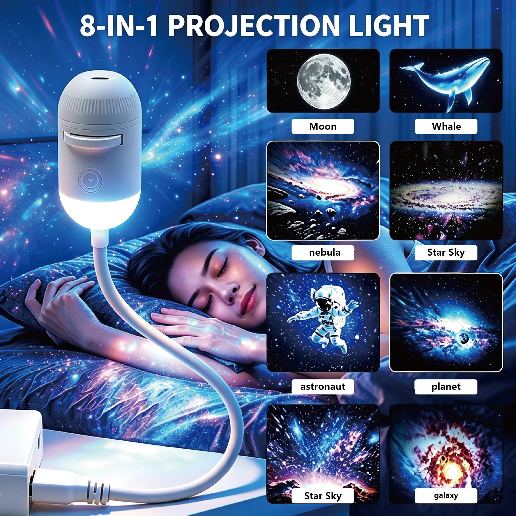 USB LED Galaxy Projector Lamp Flexible Gooseneck Plug Play Starry Moon Light for Bedroom Car Party Home Decor White