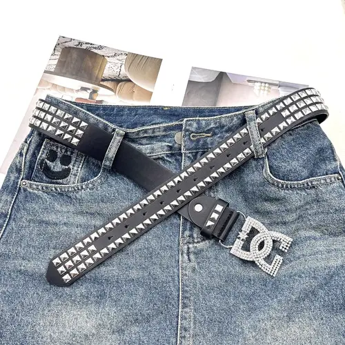 Imagen 2 del producto YK2 cinturón de diamantes de imitación de lujo para mujer, cinturón de cuero con remaches de moda punk único, cinturón decorativo integrado versátil