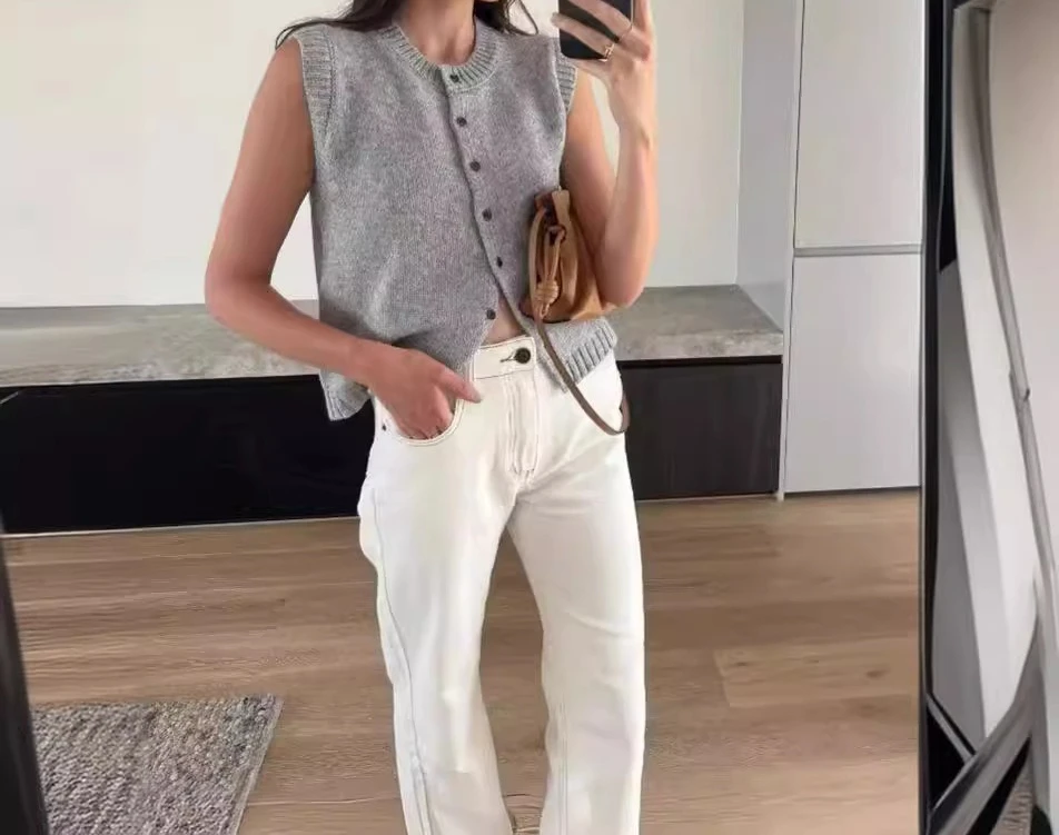 

Knitted Vest Vest Casual Maillard Style Versatile Single-breasted Knitted Cardigan Top for Women