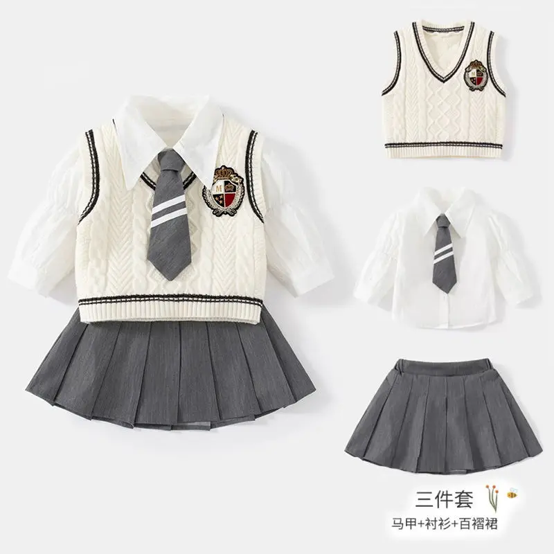 baby Girls College Style 3-Piece JK Set Short Skirt Shirt Sweater Spring/Autumn Preppy School-Themed Child Outfit suit 1-6 years