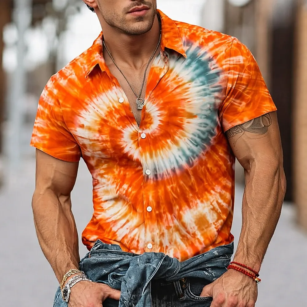 Men's Spring Summer Turndown Collar Shirt Hippie Tie Dye 3D Print Short Sleeve Button Up Red Purple Orange Fashion Streetwear