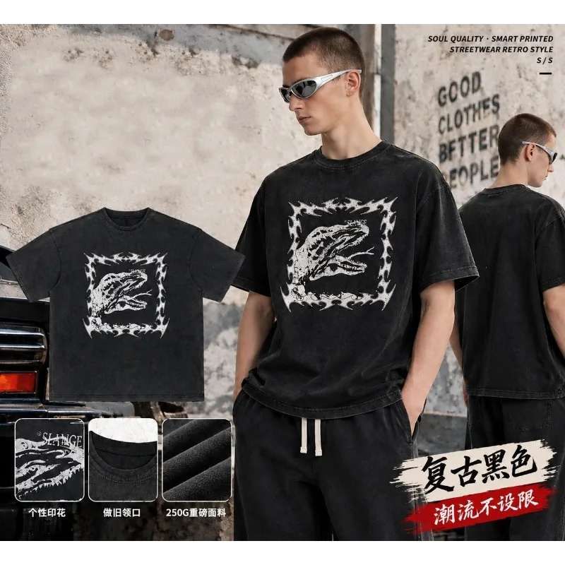 26SS Men's Vintage Washed T-Shirt Brand Design Cotton Oversized Snake Head Graphic Print Short Sleeve Tee Streetwear Punk Tops