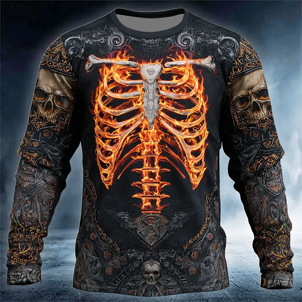 

2025 Halloween Skeleton Prints Long Sleeve T-Shirts for Men Gothic Trendy Streetwear Casual Tops Halloween Party Tee Fall Winter
